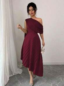 Raffinéa Vestido largo de mujer elegante de gasa con un hombro, plisado, brillante, para primavera/verano - Burdeos - Ver 1