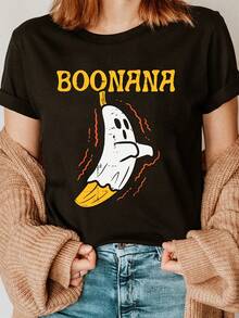 Camiseta de manga corta con cuello redondo y estampado de disfraz de Halloween de banana y fantasma, ropa casual para verano y primavera, ropa de mujer - Negro - Ver 1