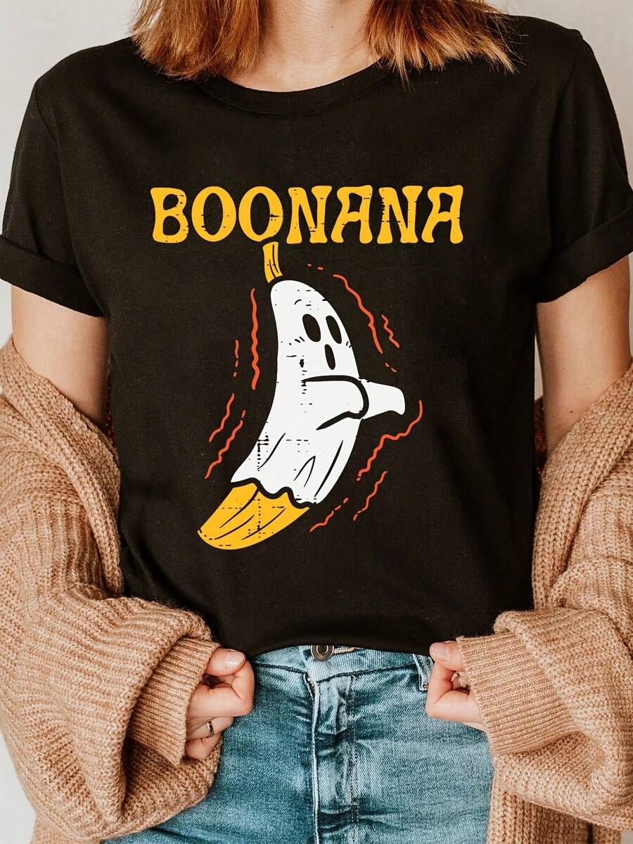 Camiseta de manga corta con cuello redondo y estampado de disfraz de Halloween de banana y fantasma, ropa casual para verano y primavera, ropa de mujer - Negro - Ver 1