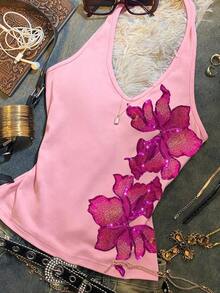 Top halter elegante y retro con bordados y lentejuelas para mujeres, perfecto para el verano.Estilo Y2K, diseño resistente, adecuado para uso diario, festivales de música, fiestas y vacaciones en la playa. - Multicolor 4 - Ver 3