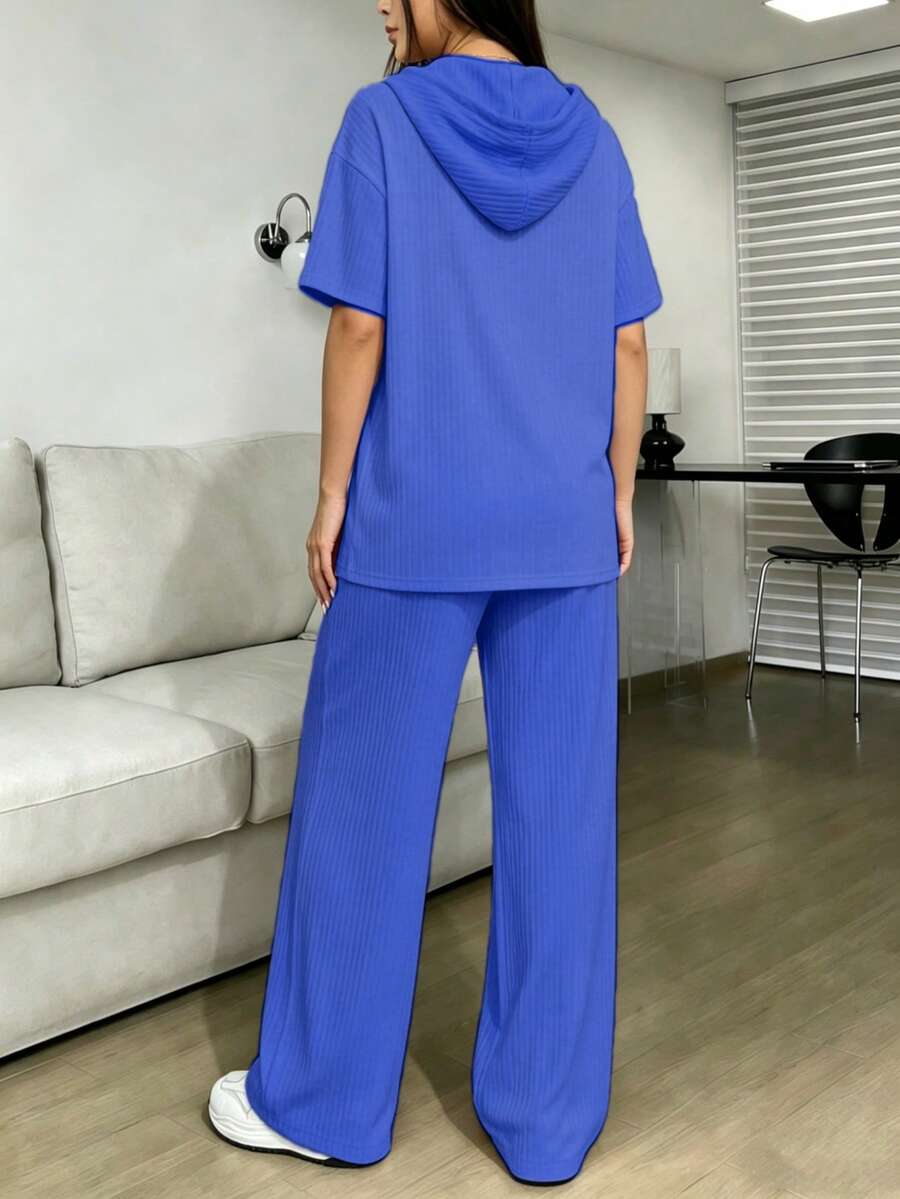 Conjunto De Top Corto De Manga Larga Y Pantalón Para Mujer Con Diseño De Bloques De Color - Azul - Ver 1