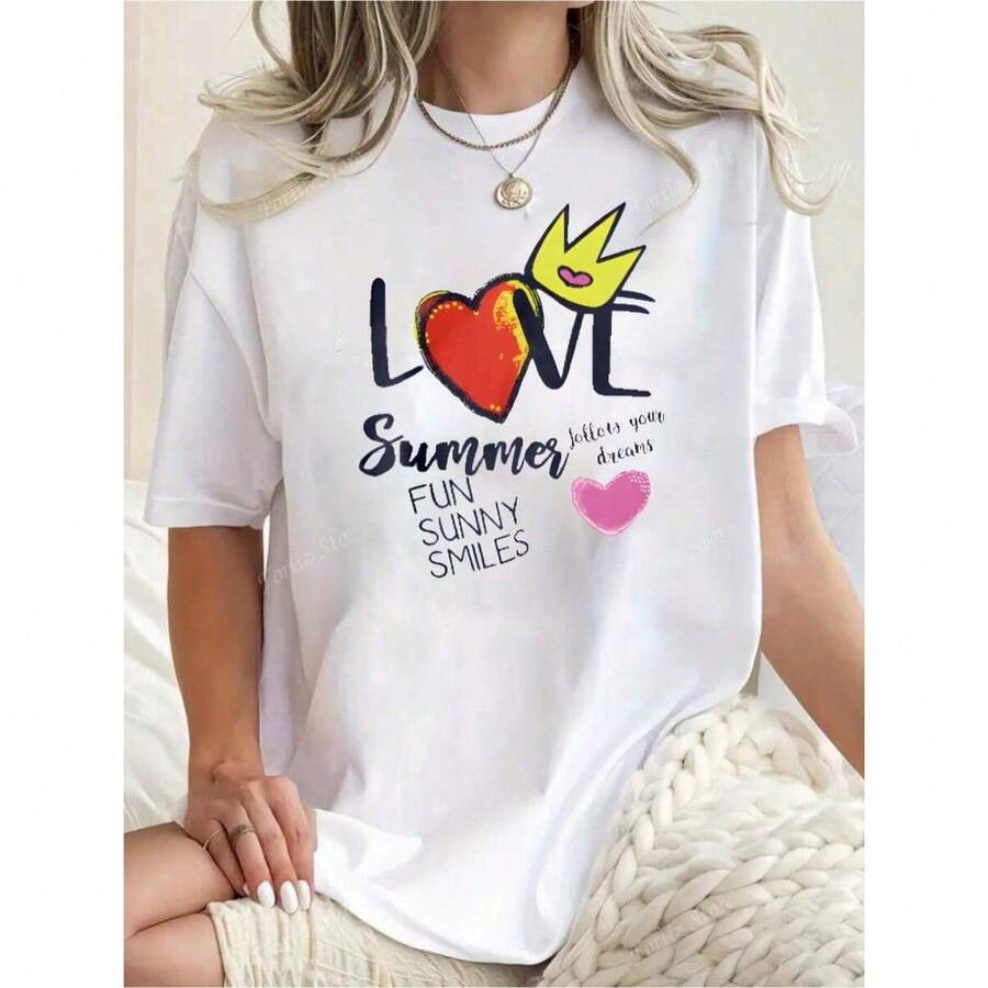 Women's Casual Summer T-Shirt With Round Neck, Short Sleeves And Fitted, Featuring An Oil Painting Print With Floral, Heart, Cherry And Lettering. - WHITE-yH407 - View 1