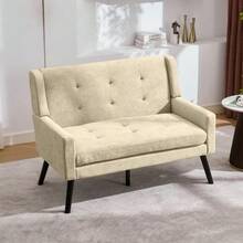 Premium Linen Bench (2-Seater) With Non-Slip Solid Wood Legs And High-Density Foam Cushion – Button-Upholstered Accent Chair For Living Room, Bedroom And Office - Beige - View 4