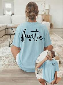 Women's T-Shirt With Double-Sided Front/Back Print - Short Sleeve, Round Neck, Casual Style, Suitable For Casual Wear, Machine Washable, With "Auntie" And Heart Print, Non-Blouse Style For Layering Or Wearing As A Top, 100% Cotton - 天藍色 - 查看 12