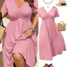 Rometta Elegant Casual V-Neck Pleated Design Short Sleeve Knit Plus Size Women Dress, New Arrival - Rosa vieja - Ver 1