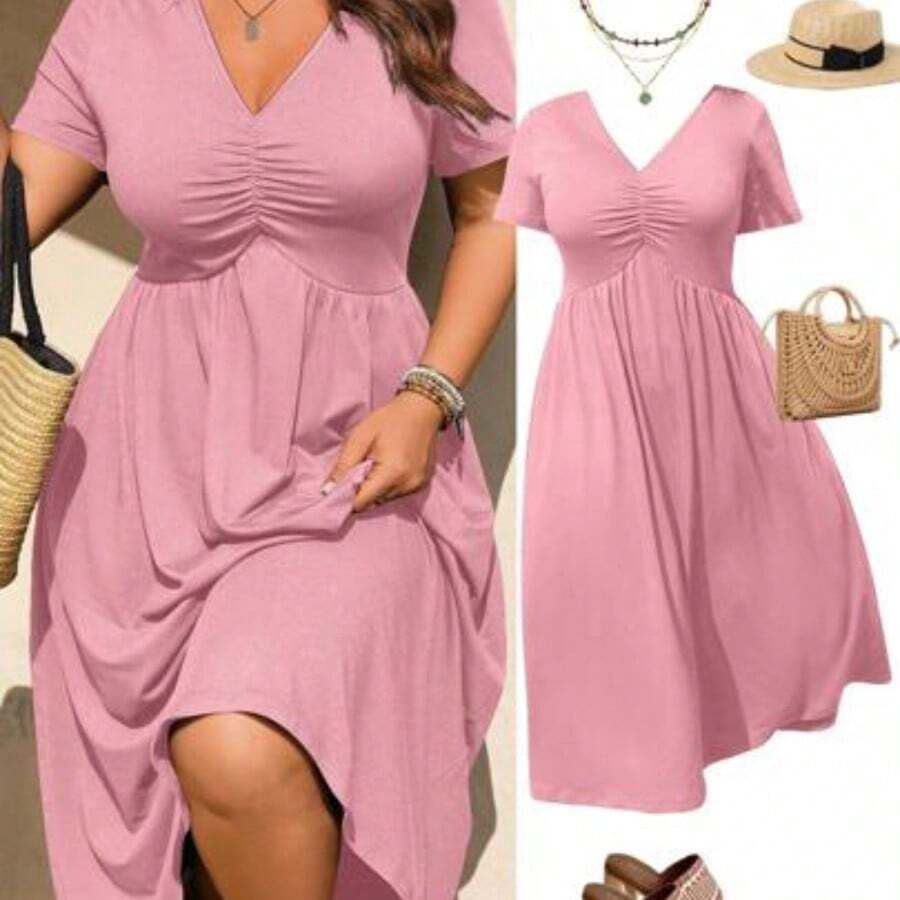 Rometta Elegant Casual V-Neck Pleated Design Short Sleeve Knit Plus Size Women Dress, New Arrival - Rosa vieja - Ver 1