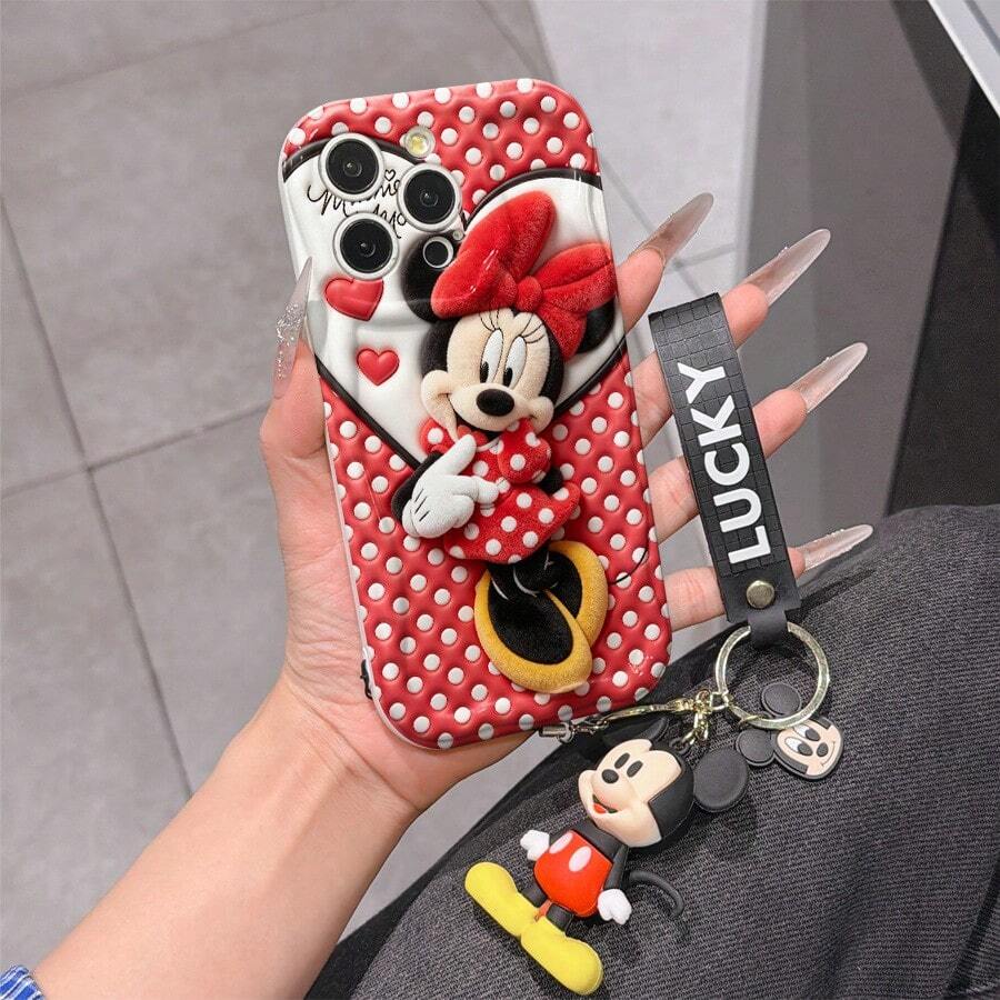 Disney Mickey Mouse Clubhouse Phone Case : 3D Fluffy Pattern Border Protector Phone Soft Phone Case With A Free Cute Mickey Bracelet Chain Lanyard, Mickey, Minnie, Goofy, Donald Duck, Daisy Duck, Pluto, For Apple 17 Promax 17 Pro 16 15 14 13 12 11 Pro Max XS Max X XR Soft Cover Summer Phone Case - 白色 - 查看 1