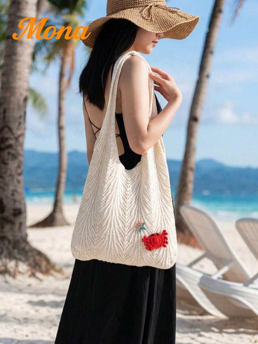 Túi đi biển lưới móc lớn, túi tote thủ công đính hình cua đỏ, túi đeo vai bằng vải cotton nhẹ dành cho nữ, thích hợp cho kỳ nghỉ hè và đi bơi. - Màu be - Xem 1