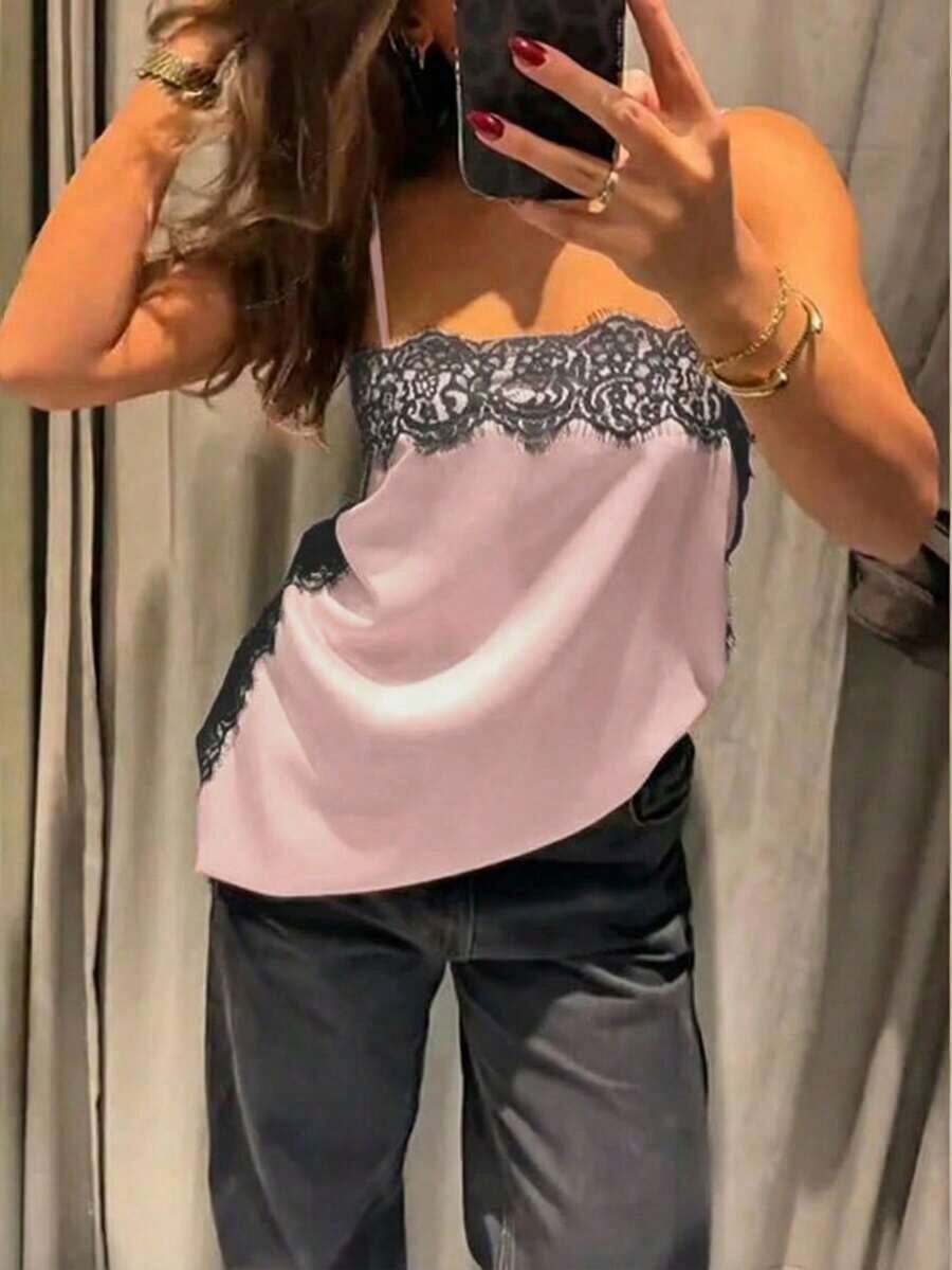Top tipo camiseta de estilo callejero de moda para mujer, camisola de satén con parches de encaje floral, elegante top sin espalda sin mangas con tirantes finos, camisola sexy con encaje y tela tejida de unicolor para uso diario y salidas de verano - Rosa - Ver 1