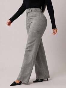 Pantalones rectos de tiro alto de color marrón de estilo minimalista y elegante para mujer, pantalones de traje marrones, pantalones de tiro alto, pantalones casuales sueltos, pantalones de pierna ancha, ropa de mujer de negocios casual, ropa de e - Blanco y Negro - Ver 4