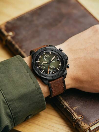 Fossil Men's Chronograph Watch Luxury Brand Bronson Olive Green Dial Black IP Case Brown Leather Strap Tactical Sport Wristwatch | Lume Hands Three Subdial Date Display Analog Watch Rugged Gift for Him Birthday Father's Day Graduation Outdoor Hiking Travel