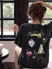 Summer New Z-Gen Y2K Girls Leopard & Heart Print Round Neck Short Sleeve T-Shirt Casual Black - Black - View 4