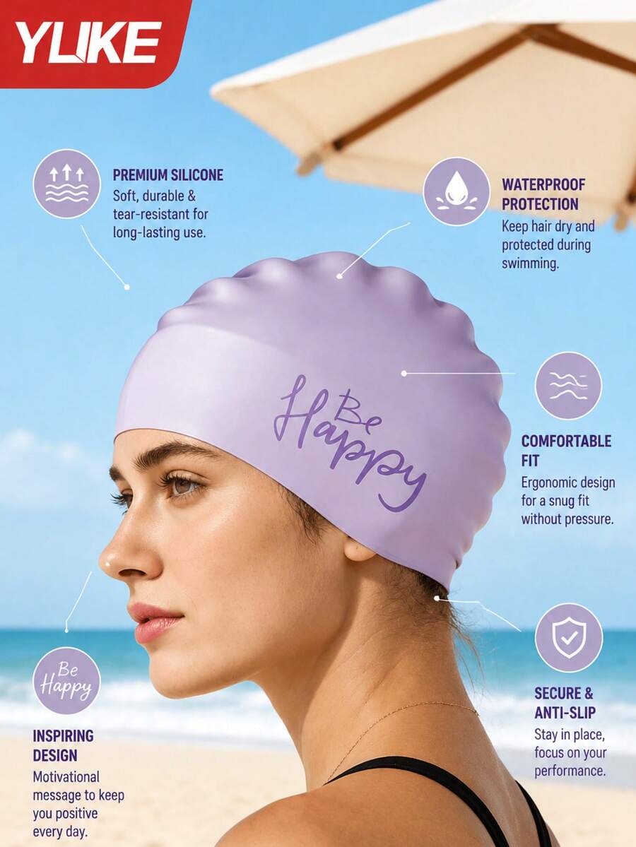 Yuke 1pc Cute Letter Print Silicone Swimming Cap, Waterproof High Elasticity Comfortable Ear Protection Long Hair Coverage, Essential For Swimming Pool, Beach, Cruise