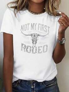 ropa de mujer ropa de mujer Camiseta Gráfica Suave para Mujer - Estampado de Calaveras Inspirado en el Estilo Vaquero del Oeste con la Frase 'Not My First Rodeo' - Top Casual Ligero para Fiestas y Rancho - Opción Acogedora para Todo el Año, Tela Opaca camisas de mujer camisas de mujer - Blanco - Ver 1