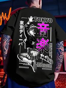 Camiseta de hombre con diseño de anime de Tokio y estampado de manga japonés en la espalda, estilo casual de calle, ideal para el verano, imprescindible para los fans del anime, estilo urbano a la moda. - Negro - Ver 7