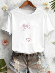 1 Piece Easter Gift: Elegant Short-Sleeved Women's T-Shirt With Easter-Themed Lace Rabbit Print, Comfortable, Soft And Breathable, New Style For Spring, Summer, Autumn And Winter, Versatile Vintage Casual Style For Daily Wear, Holidays And Fashionable Commutes, 180g 100% Cotton. - 白色 - 查看 1