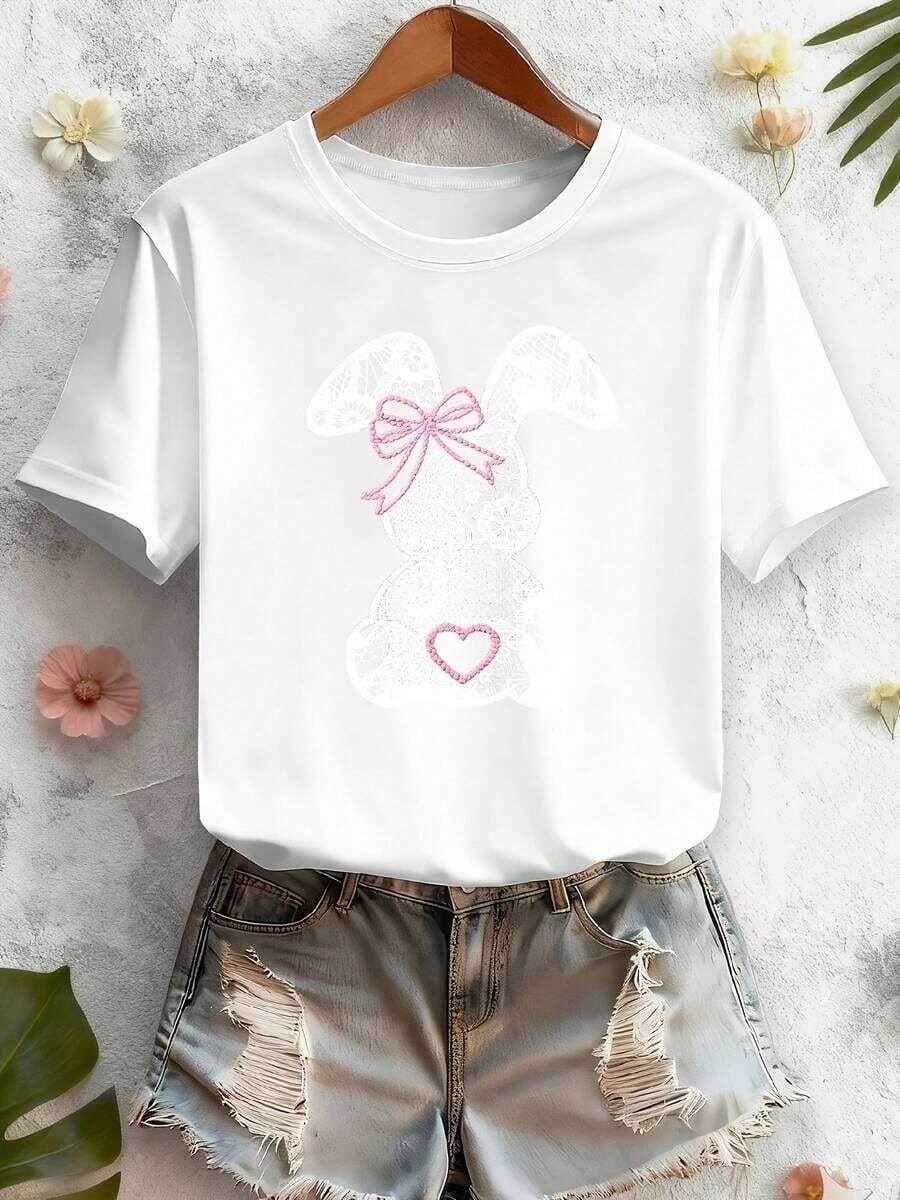 1 Piece Easter Gift: Elegant Short-Sleeved Women's T-Shirt With Easter-Themed Lace Rabbit Print, Comfortable, Soft And Breathable, New Style For Spring, Summer, Autumn And Winter, Versatile Vintage Casual Style For Daily Wear, Holidays And Fashionable Commutes, 180g 100% Cotton. - 白色 - 查看 1