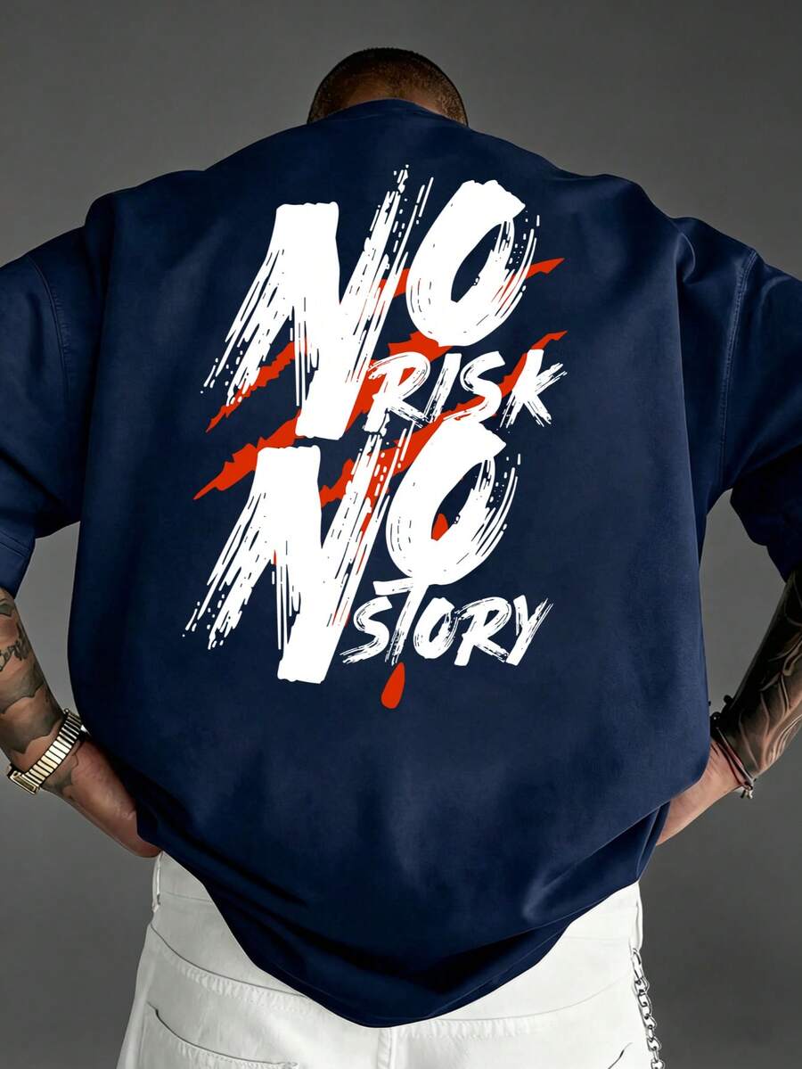 Camvyn Camiseta de manga corta casual y fashionable para hombre, con estampado de eslogan, hombros caídos, corte holgado y transpirable, para el verano - Azul Marino - Ver 1