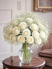 30 bông hồng trắng kết hợp hoa baby's breath trang trí, phong cách đồng quê, thích hợp cho phòng khách, phòng ngủ hoặc bàn ăn, tuyệt vời cho các sự kiện, tiệc tùng, ngày lễ, bệ cửa sổ, phông nền chụp ảnh, kỷ niệm, mùa cưới và quà tặng ngày lễ. - trắng - Xem 9