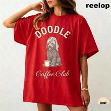 Camiseta Casual de Manga Corta para Mujer, Estilo Veraniego, para Vacaciones, Doodle Coffee Club, Cómoda y Fresca ®   Camiseta, Camiseta para Perro Labradoodle, Regalos para Mamá de Goldendoodle, Labradoodle - Rojo - Ver 11