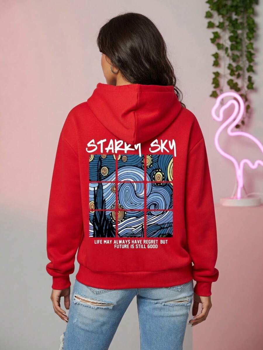 Stylish Sky Painting Starry Sky Printed Kangaroo Hoodie - Đỏ - Xem 1