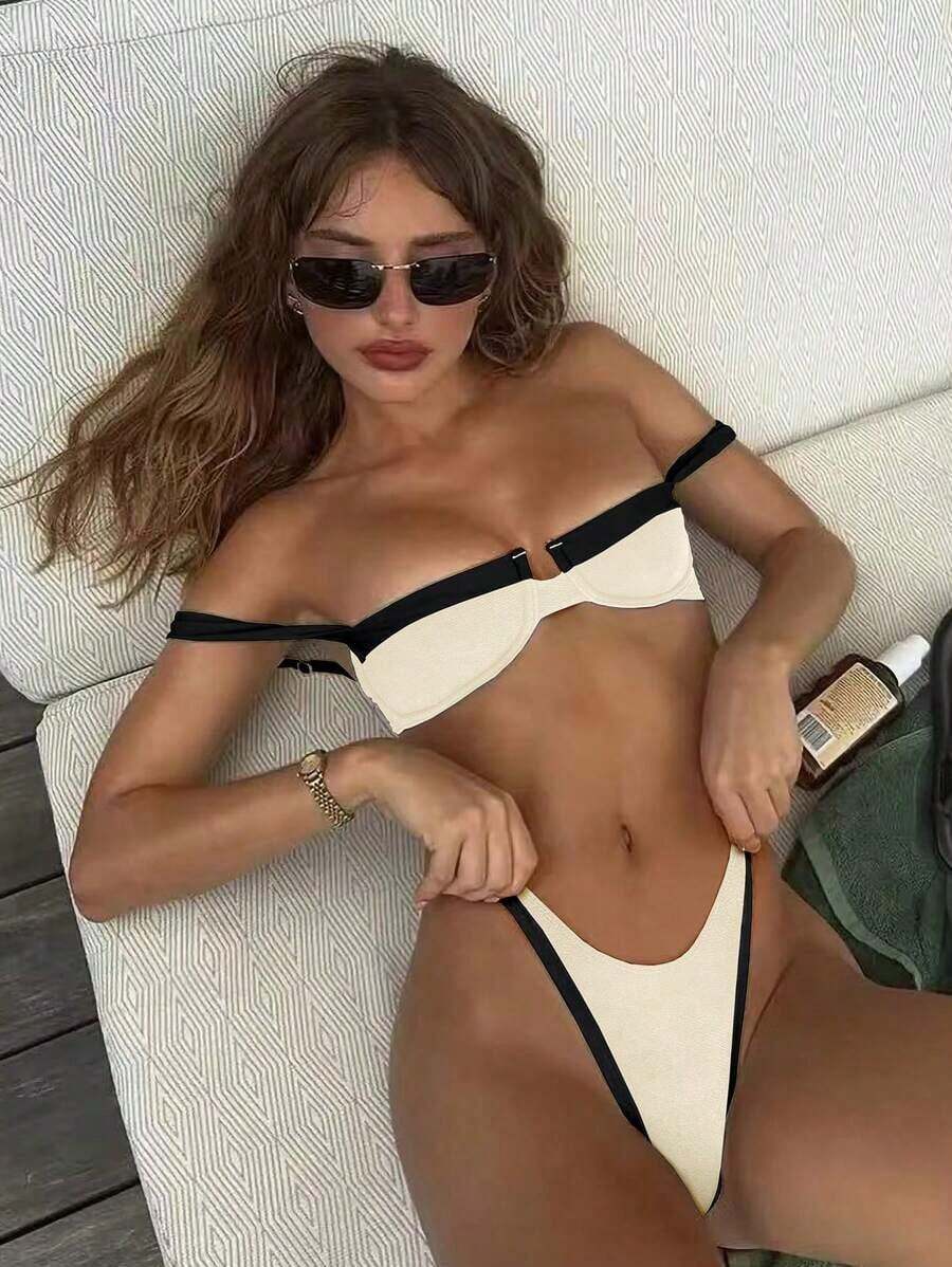 Nuevo Llegado Oficial Primavera/Verano Elegante Casual Sexy Traje de Baño Bikini de Mujeres en Blanco y Negro a Patchwork, para Playa, Fiesta, Cita, Vacaciones - Blanco - Ver 1