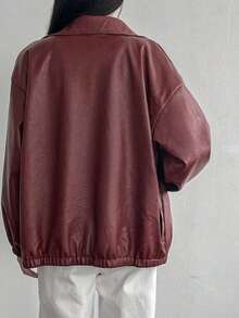 -Less Chaqueta de piel sintética minimalista con cremallera frontal de manga larga y unicolor, para uso casual, ropa de otoño, estilo casual de negocios para mujer - Burdeos - Ver 5