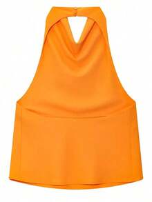 Camiseta sin mangas de satén de unicolor con cuello alto tipo halter Y2K para mujer, ropa de calle linda para el verano en color negro casual - Naranja - Ver 5