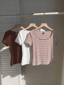 3 piezas de camisetas cortas básicas de cuello redondo y cortas para mujer en marrón café y blanco, ropa de otoño - Multicolor 4 - Ver 5