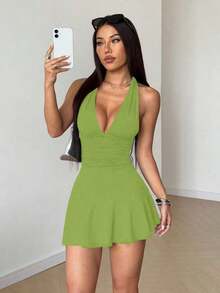 Vestido mini negro sexy con cuello de halter, estilo informal de playa y vacaciones, primavera/verano - Verde Oliva - Ver 3