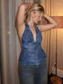 Top sin espalda de halter estilo boho marrón para salir, tipo babydoll, para primavera a verano - Azul - Ver 6