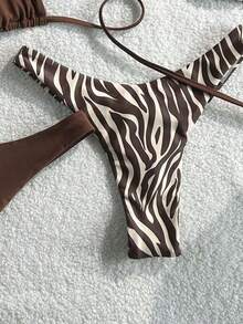 Conjunto de traje de baño de 4 piezas con cuentas marrón y a rayas, para primavera/verano 2026, conjunto de bikini de alta gama para resort de playa - Multicolor 8 - Ver 5