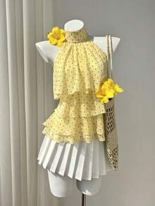 Blusa de cuello halter con volantes y estampado de lunares para mujer - Amarillo - Ver 6