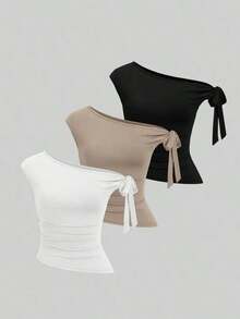 Sweetro Conjunto de 3 piezas para mujer con parte superior de unicolor y cuello asimétrico, cómodo y de moda, adecuado para el verano - Multicolor 9 - Ver 10