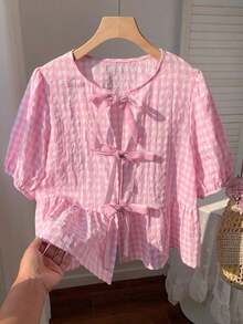 Camiseta de mujer de manga corta, moda sencilla y casual para uso diario - Rosa - Ver 4