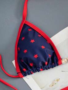 Conjunto de bikini de 2 piezas para mujer - Estampado de estrella con ribete sólido, parte superior tipo triángulo con escote halter (adornada con acentos de cuentas), Bottom tipo short de tiro alto, elegante ropa de playa de verano, traje de baño de tira - Azul marino - Ver 5