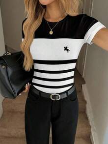 Camiseta de mujer de cuello redondo, ajustada, con textura acanalada, casual, elegante, cómoda para vacaciones y uso diario - Multicolor - Ver 5