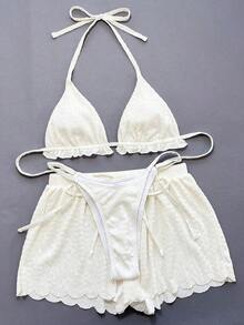 Conjunto de bikini de 3 piezas con parte superior de atar al cuello, estampado de lunares y shorts, con volantes, para mujer, para playa de verano - Blanco - Ver 5