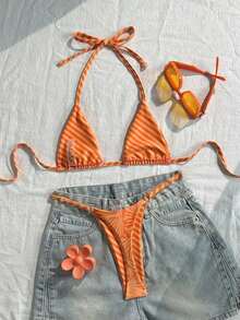 Conjunto de bikini de rayas coloridas y sexy para primavera/verano 2026, traje de baño de estilo minimalista de tres puntos para mujeres jóvenes - Multicolor 11 - Ver 2