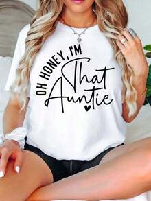 Women's T-Shirt With "Summer I'm That Aunt" Print, Fashionable Casual T-Shirt For Women, Comfortable, Soft, Sporty, For Fitness, Everyday Wear, Outdoors, At Home, Pure Cotton, Breathable, With Round Neck And Short Sleeves. Women's Short Sleeve T-Shirt, Basic Style For Indoor And Outdoor Wear. - 白色 - 查看 7
