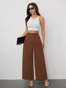 Pantalones de Pierna Ancha de Cintura Alta con Textura para Mujer, Estilo Casual y Sencillo, para la Temporada de Regreso a Clases y Uso Diario - Marrón - Ver 4