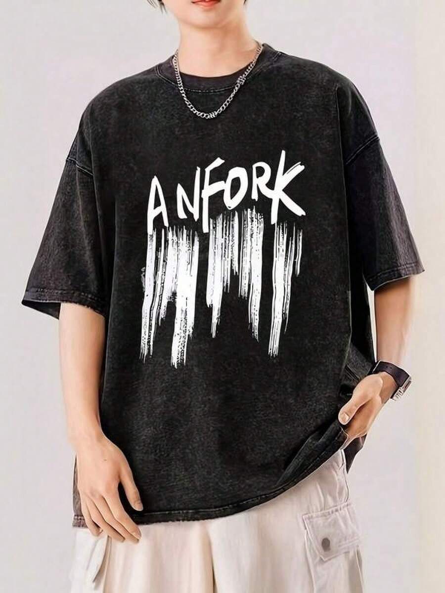 1 Piece Unisex Oversized Crew Neck Short Sleeve T-Shirt, Distressed And Washed, 100% Heavyweight 220g Cotton, Designed By Y2K Artists In A Vintage American Style, Graphic Print Of City Names, Ideal For Everyday Wear, Concerts And Festivals - 黑色 - 查看 1