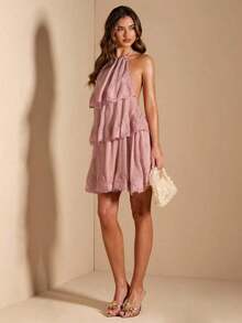 Vestido corto de gasa rojo sólido con hojas de loto en cascada, apropiado para citas diarias, salidas nocturnas, discotecas, fiestas, reuniones, fiestas de cócteles, fiestas de piscina, ropa de vuelta al colegio, vestidos de temporada escolar, vestidos de vacaciones, faldas tutú - Rojo cereza - Ver 5