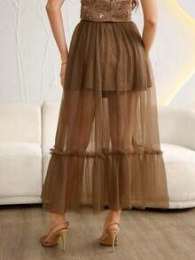 Falda acampanada de malla transparente elegante y versátil, encantadora para mujeres - Marrón - Ver 2