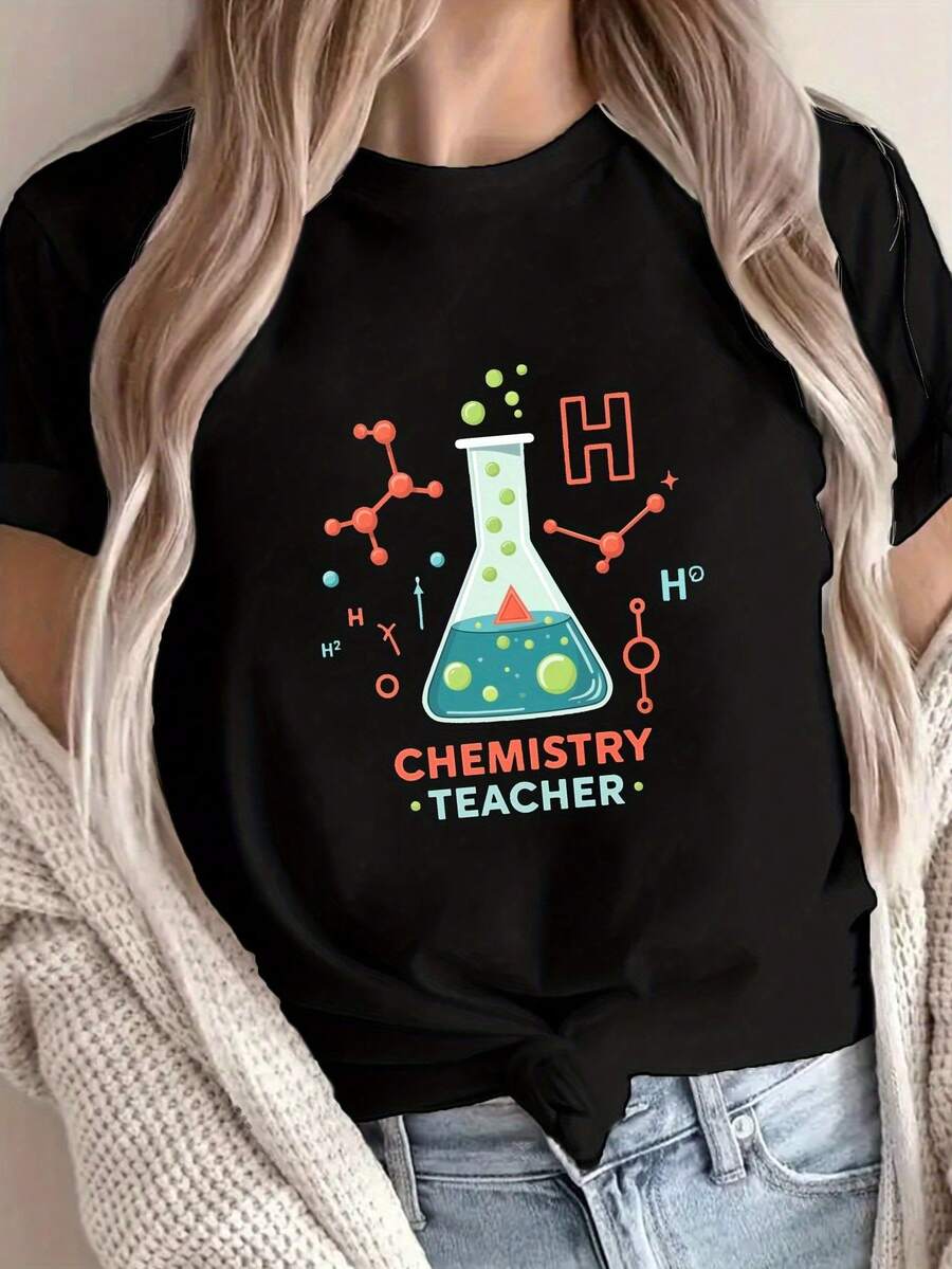 Women's Chemistry Teacher T-Shirt 2026, Featuring A Beaker, Atom Symbol, And Science Lab Print - Casual Short-Sleeved Crew Neck Top, Science-Themed Clothing, Chemistry-Themed Gift, Suitable For Female Teachers. - 黑色 - 查看 1