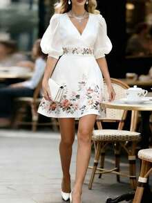 Vestido midi de verano con cuello en V elegante, parches, mangas de pétalos semitransparentes, estampado floral y cintura ceñida - Blanco - Ver 1