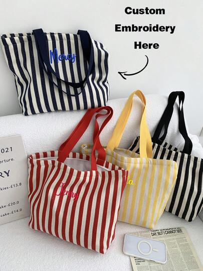 Túi tote vải canvas kẻ sọc dành cho bé gái, có khóa kéo, dung tích lớn, túi đeo vai thời trang thường ngày, túi xách nhẹ bền chắc, phù hợp cho trường học, công sở, sử dụng hàng ngày, du lịch, đi biển, đi làm và trang phục cuối tuần.