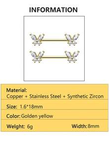 2 piezas de anillos para pezones con colgante de mariposa de cobre con circonita, joyería de perforación sexy de acero inoxidable apta para uso diario - Multicolor - Ver 9