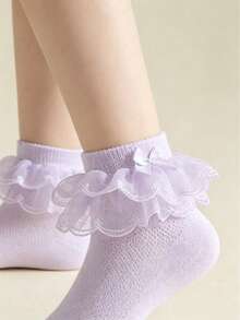 1 Pair Cotton Girls' Solid Color Mesh Socks With Double Lace, Dance Party Socks - Lilac Purple - View 4