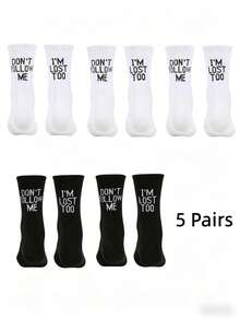 1/5 Pares de Meias Engraçadas de Cano Médio DON'T FOLLOW ME Meias Personalizadas Preto & Branco Cor Sólida Estilo Versátil de Casal Meias Engraçadas de Cano Médio Estilo Streetwear - Multicolorido - Visão 8